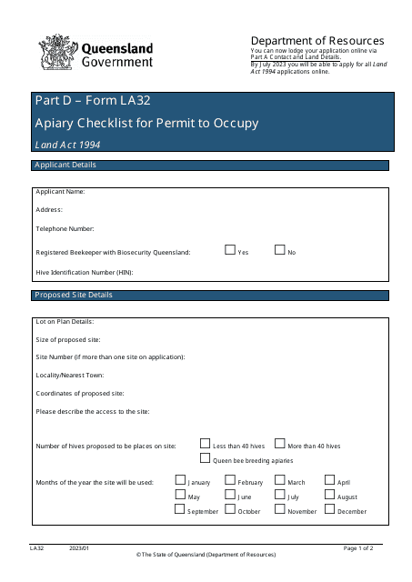 Form LA32 Part D Apiary Checklist for Permit to Occupy - Queensland, Australia