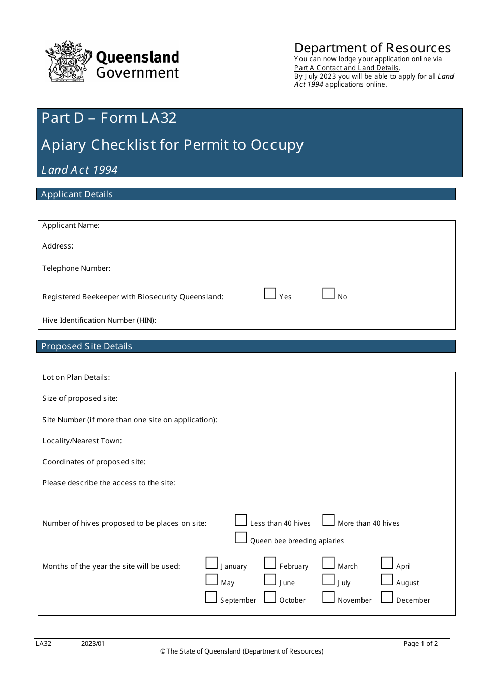 Form LA32 Part D Apiary Checklist for Permit to Occupy - Queensland, Australia, Page 1