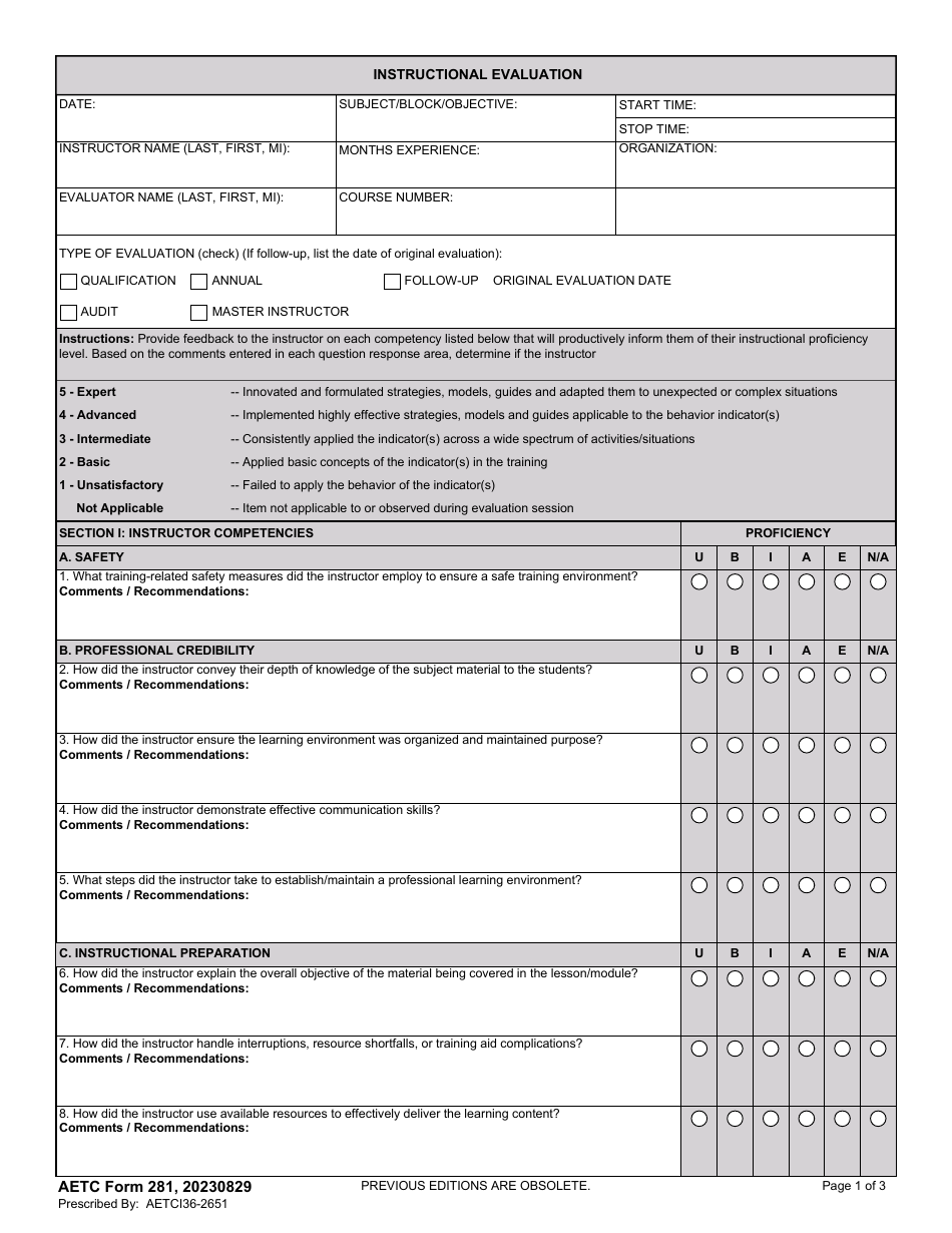 AETC Form 281 Instructional Evaluation, Page 1