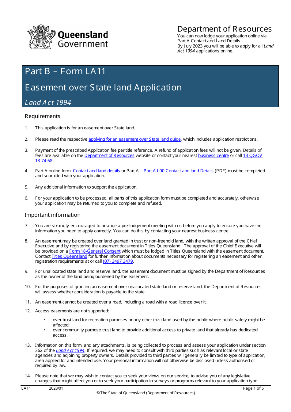 Form LA11 Part B Easement Over State Land Application - Queensland, Australia, Page 1