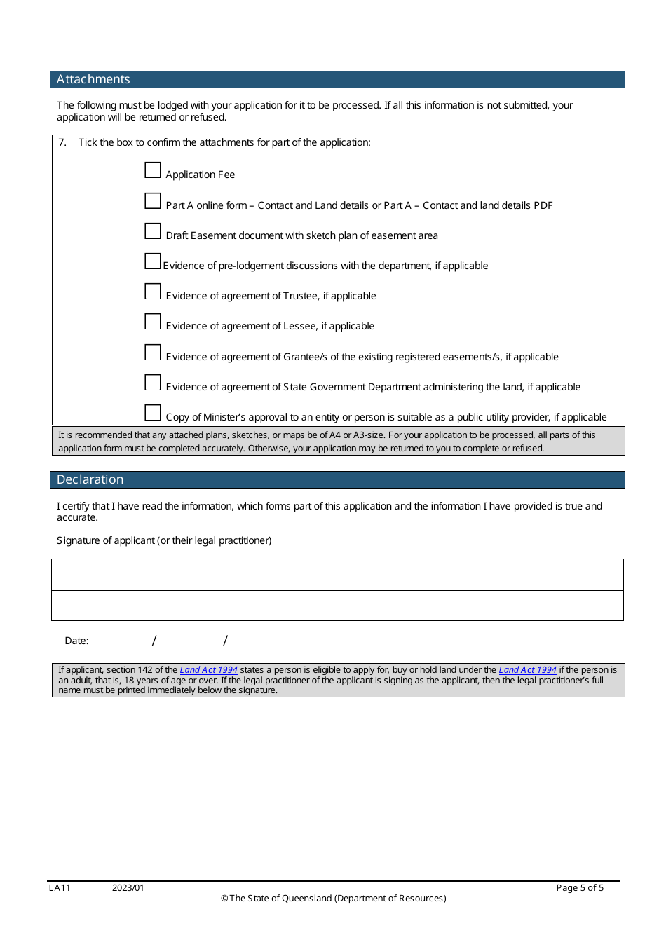Form LA11 Part B Easement Over State Land Application - Queensland, Australia, Page 5