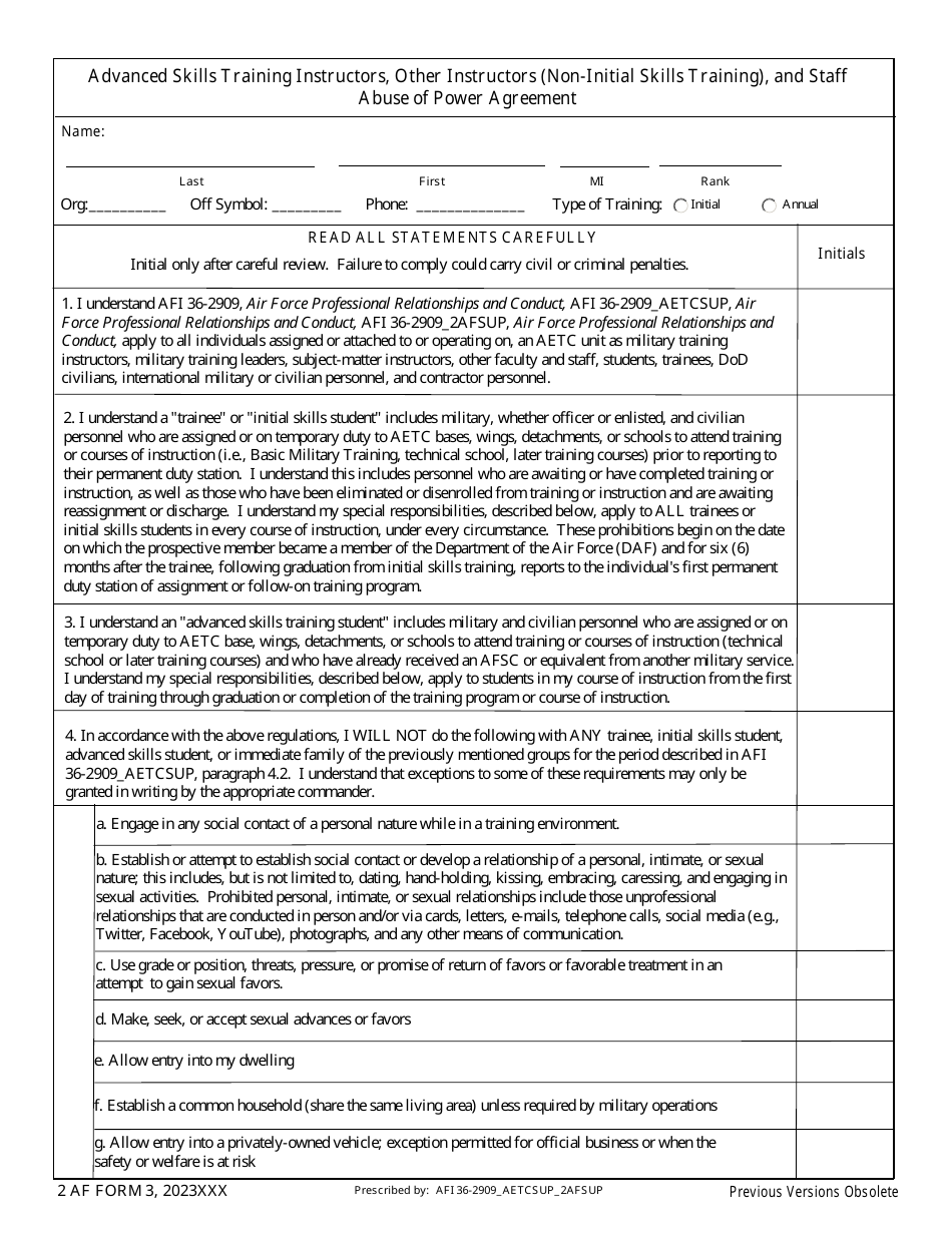 2 AF Form 3 Advanced Skills Training Instructors, Other Instructors (Non-initial Skills Training), and Staff Abuse of Power Agreement, Page 1