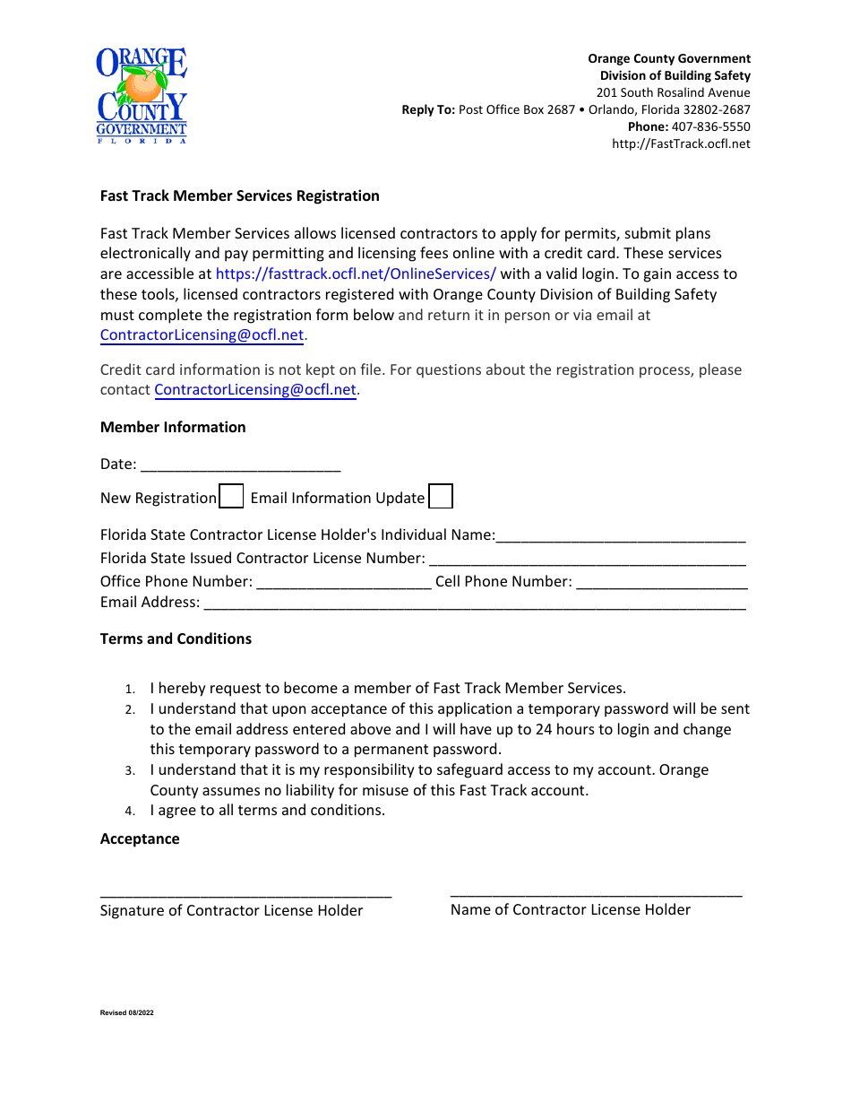 Fast Track Member Services Registration - Orange County, Florida, Page 1