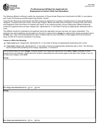 Form 2912 Pre-employment Affidavit for Applicants for Employment at Certain Child Care Operations - Texas