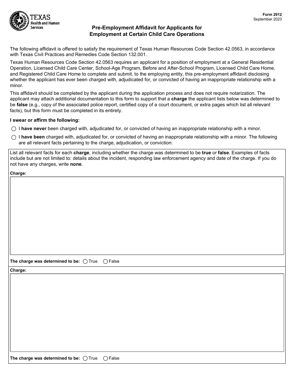 Form 2912 Pre-employment Affidavit for Applicants for Employment at Certain Child Care Operations - Texas, Page 1