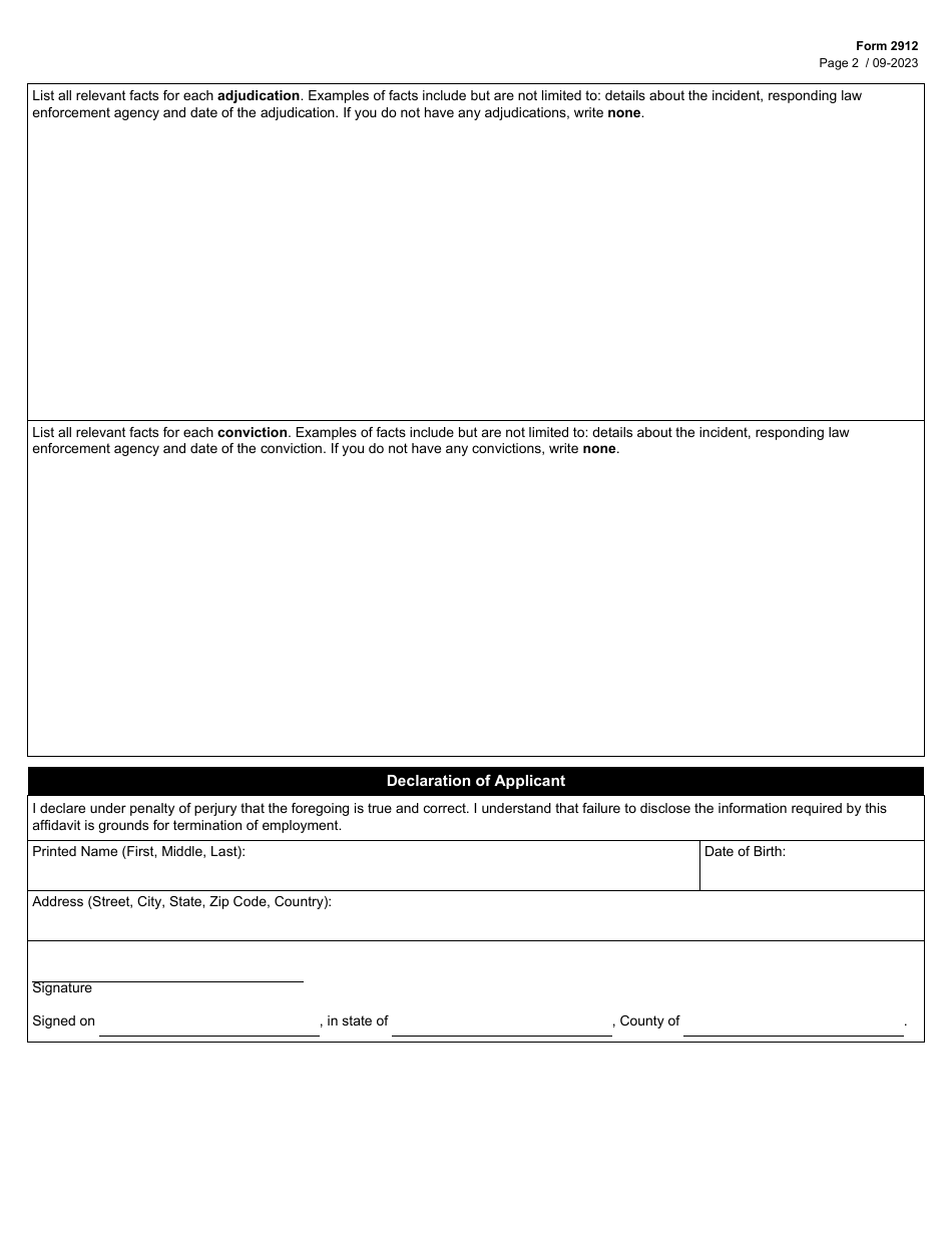 Form 2912 Pre-employment Affidavit for Applicants for Employment at Certain Child Care Operations - Texas, Page 2