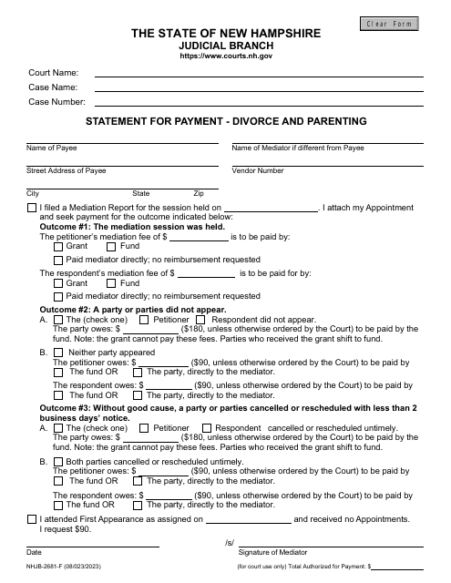 Form NHJB-2681-F Statement for Payment - Divorce and Parenting - New Hampshire