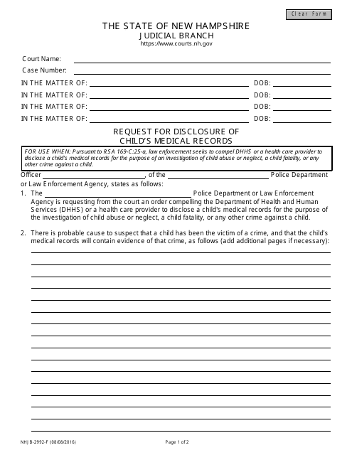 Form NHJB-2992-F Request for Disclosure of Child's Medical Records - New Hampshire