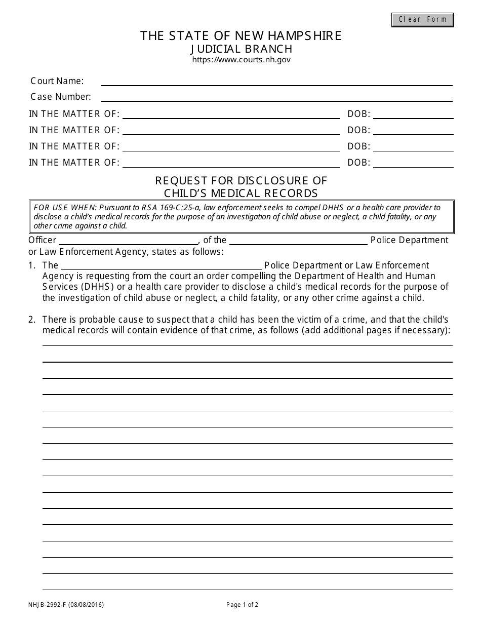 Form NHJB-2992-F Request for Disclosure of Childs Medical Records - New Hampshire, Page 1