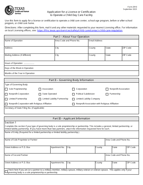 Form 2910 Application for a License or Certification to Operate a Child Day Care Facility - Texas