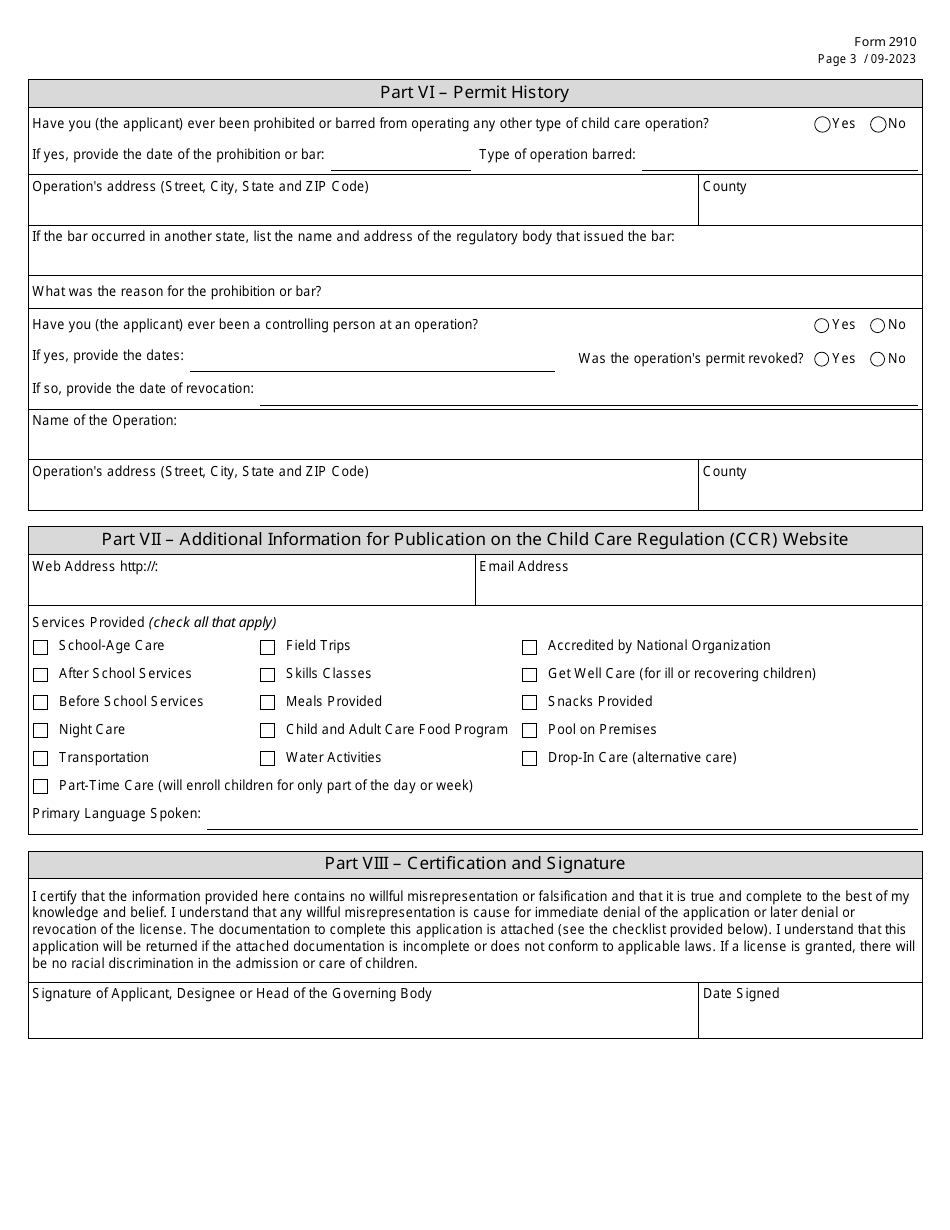 Form 2910 Application for a License or Certification to Operate a Child Day Care Facility - Texas, Page 3