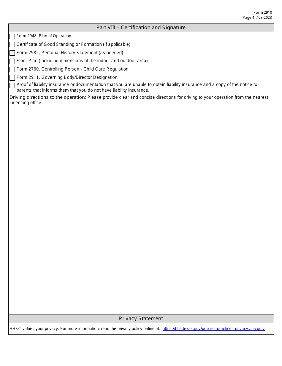 Form 2910 Application for a License or Certification to Operate a Child Day Care Facility - Texas, Page 4