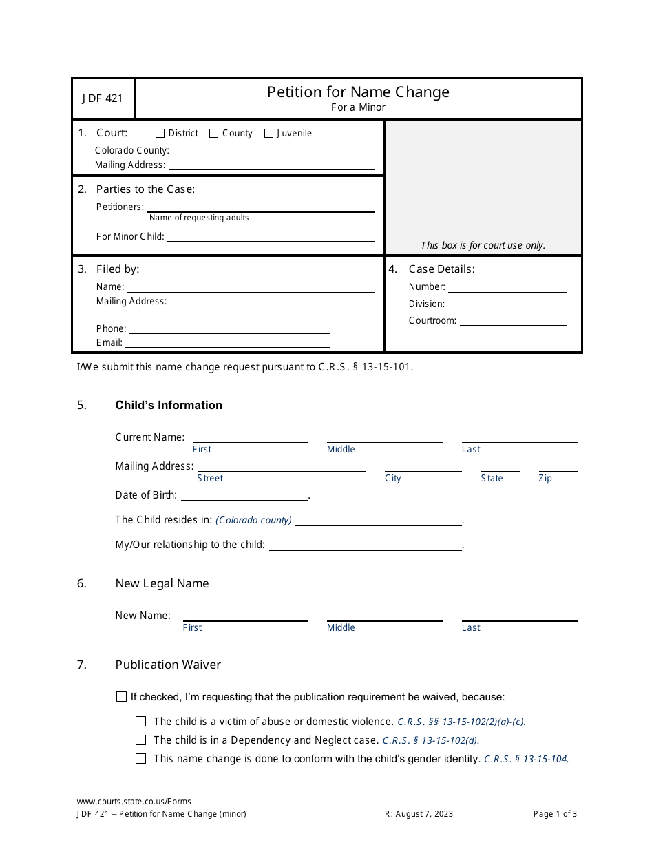 Form JDF421 Petition for Name Change for a Minor - Colorado, Page 1