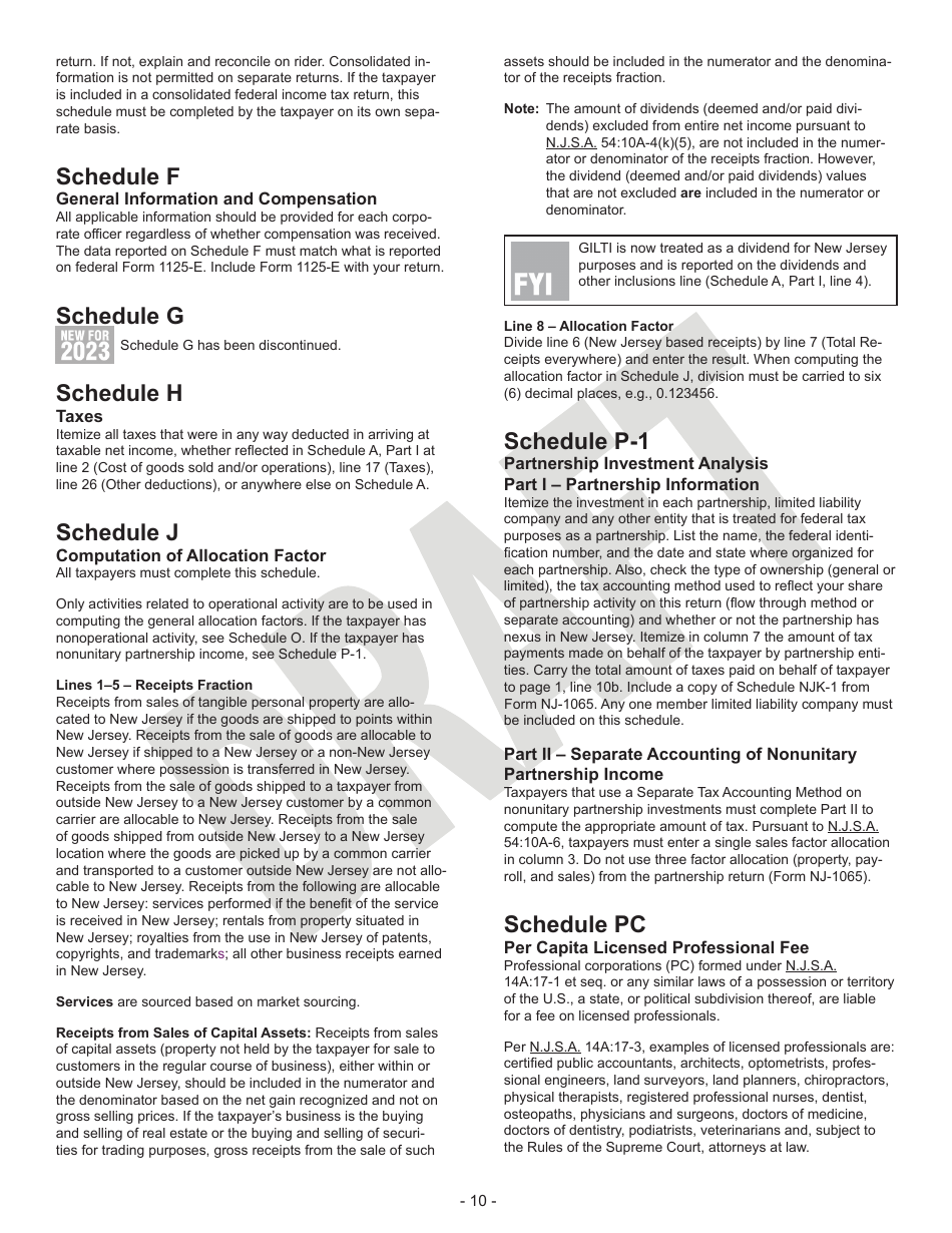 Instructions for Form CBT-100 Corporation Business Tax Return - Draft - New Jersey, Page 10