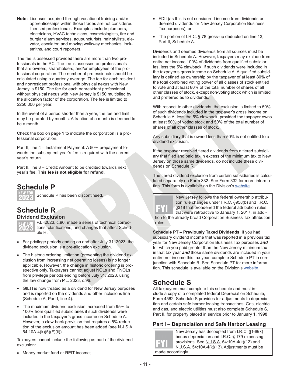 Instructions for Form CBT-100 Corporation Business Tax Return - Draft - New Jersey, Page 11