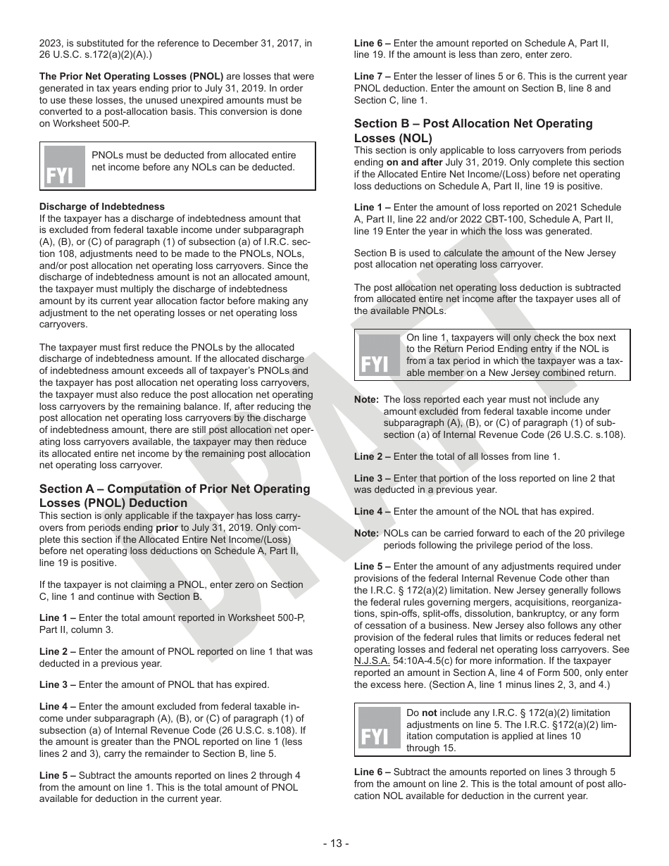 Instructions for Form CBT-100 Corporation Business Tax Return - Draft - New Jersey, Page 13