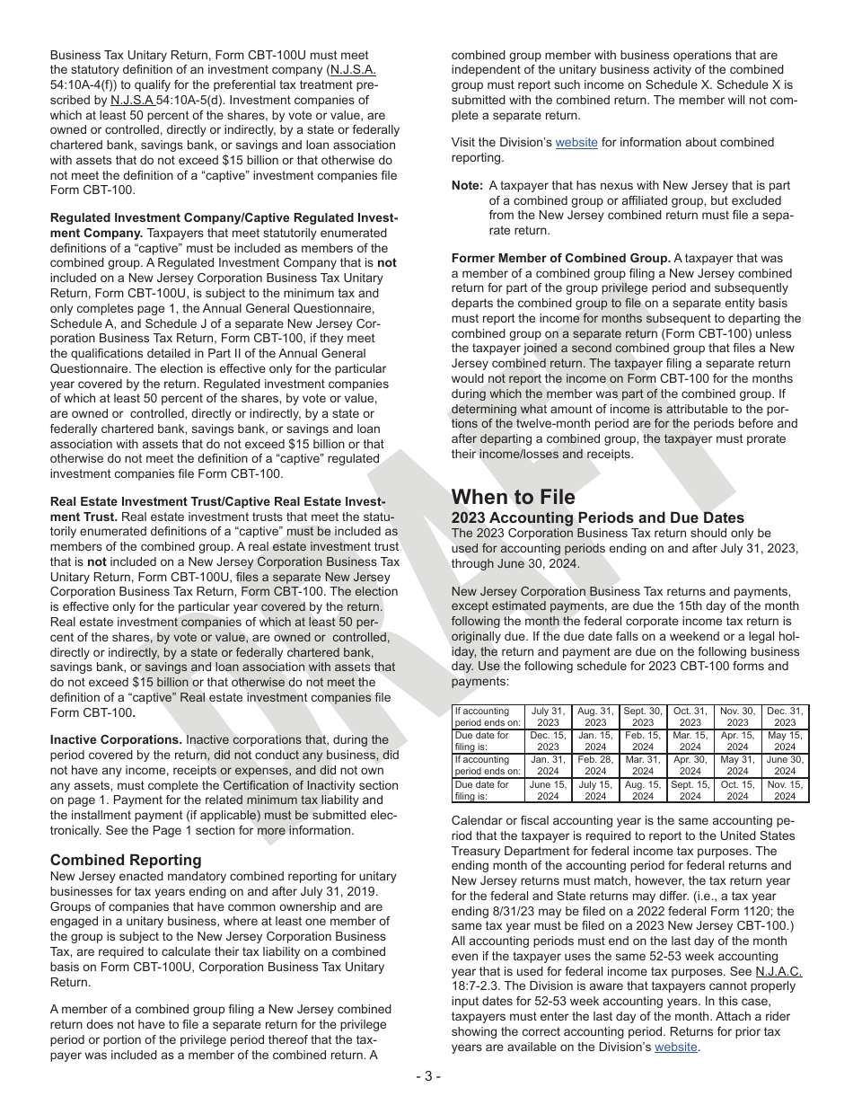 Instructions for Form CBT-100 Corporation Business Tax Return - Draft - New Jersey, Page 3