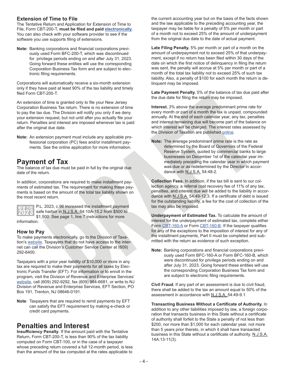 Instructions for Form CBT-100 Corporation Business Tax Return - Draft - New Jersey, Page 4