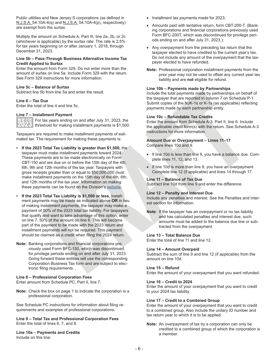 Instructions for Form CBT-100 Corporation Business Tax Return - Draft - New Jersey, Page 6