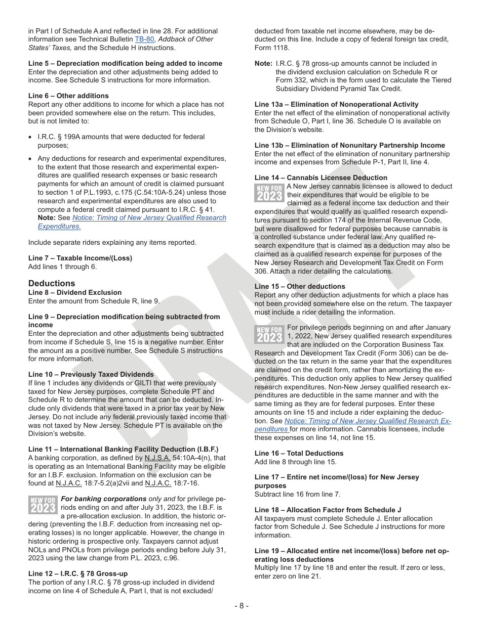 Instructions for Form CBT-100 Corporation Business Tax Return - Draft - New Jersey, Page 8