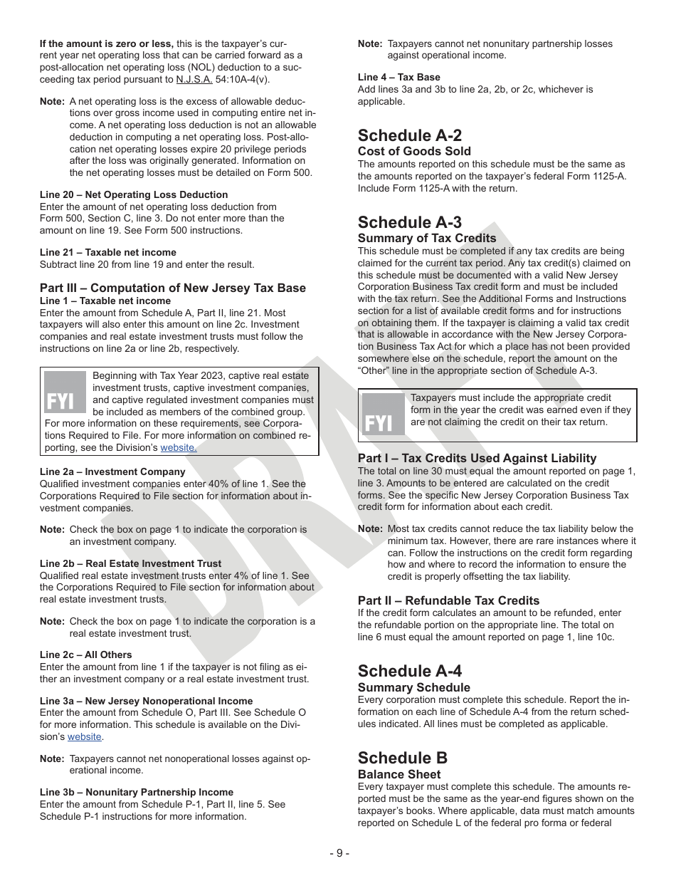 Instructions for Form CBT-100 Corporation Business Tax Return - Draft - New Jersey, Page 9