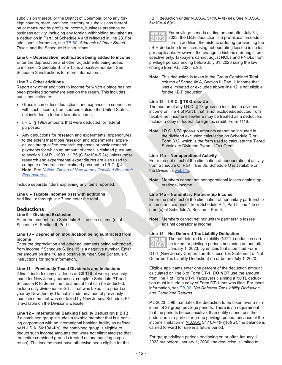 Instructions for Form CBT-100U Corporation Business Tax Unitary Return - Draft - New Jersey, Page 12