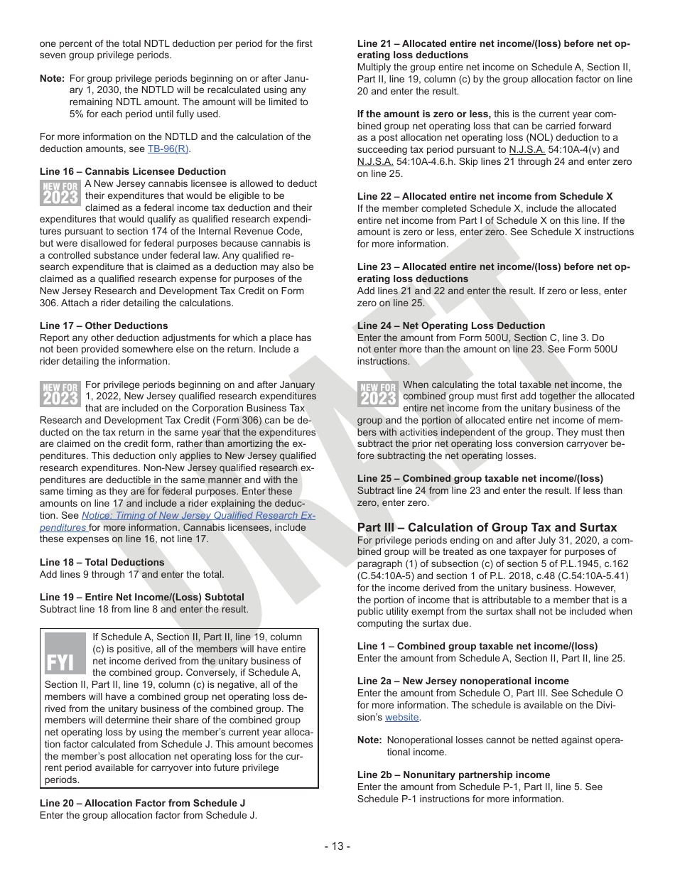 Instructions for Form CBT-100U Corporation Business Tax Unitary Return - Draft - New Jersey, Page 13