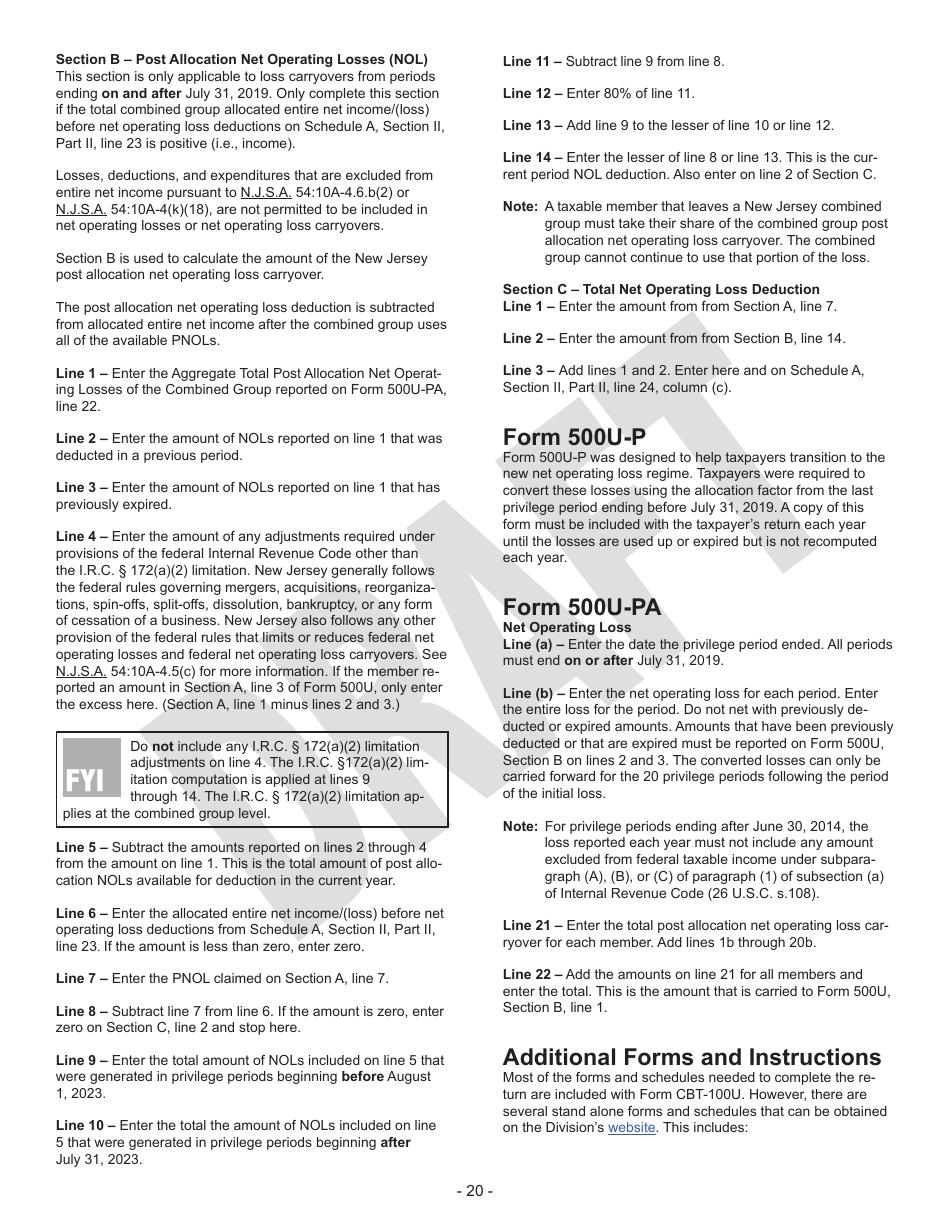 Instructions for Form CBT-100U Corporation Business Tax Unitary Return - Draft - New Jersey, Page 20