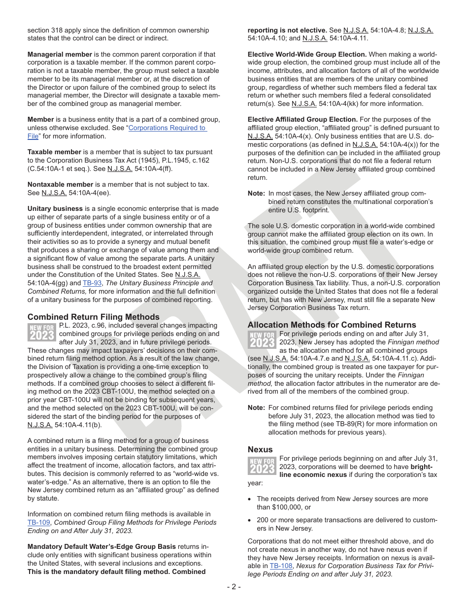 Instructions for Form CBT-100U Corporation Business Tax Unitary Return - Draft - New Jersey, Page 2