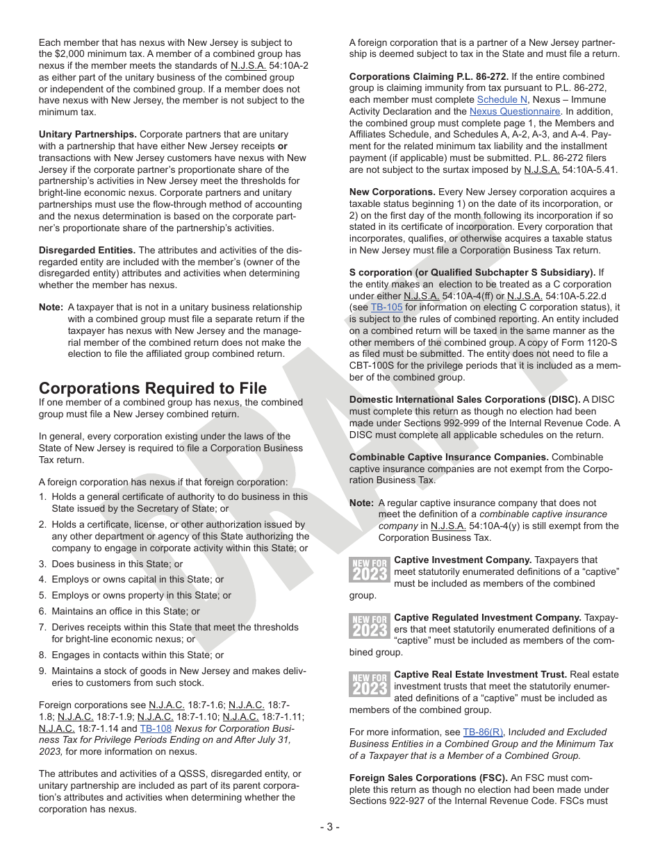 Instructions for Form CBT-100U Corporation Business Tax Unitary Return - Draft - New Jersey, Page 3