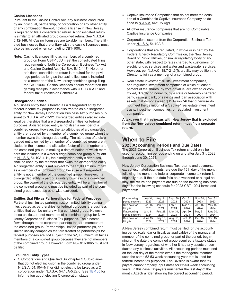 Instructions for Form CBT-100U Corporation Business Tax Unitary Return - Draft - New Jersey, Page 5