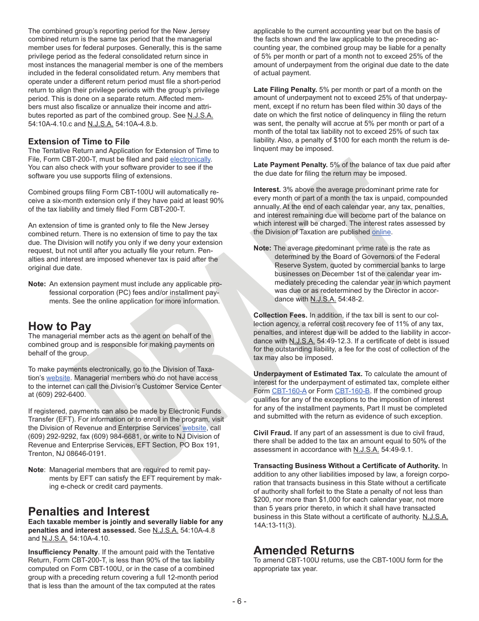 Instructions for Form CBT-100U Corporation Business Tax Unitary Return - Draft - New Jersey, Page 6