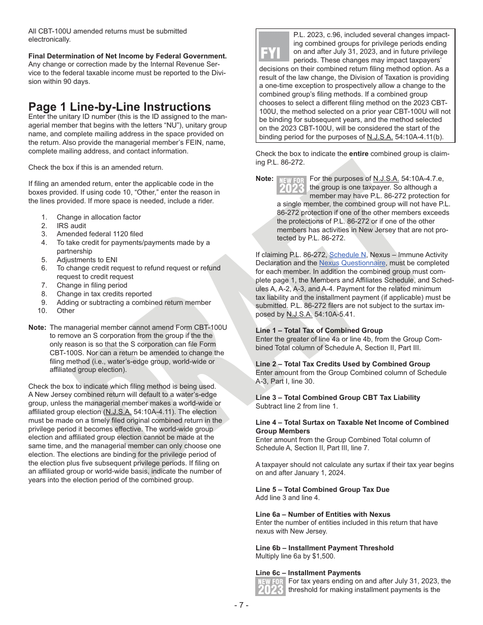 Instructions for Form CBT-100U Corporation Business Tax Unitary Return - Draft - New Jersey, Page 7