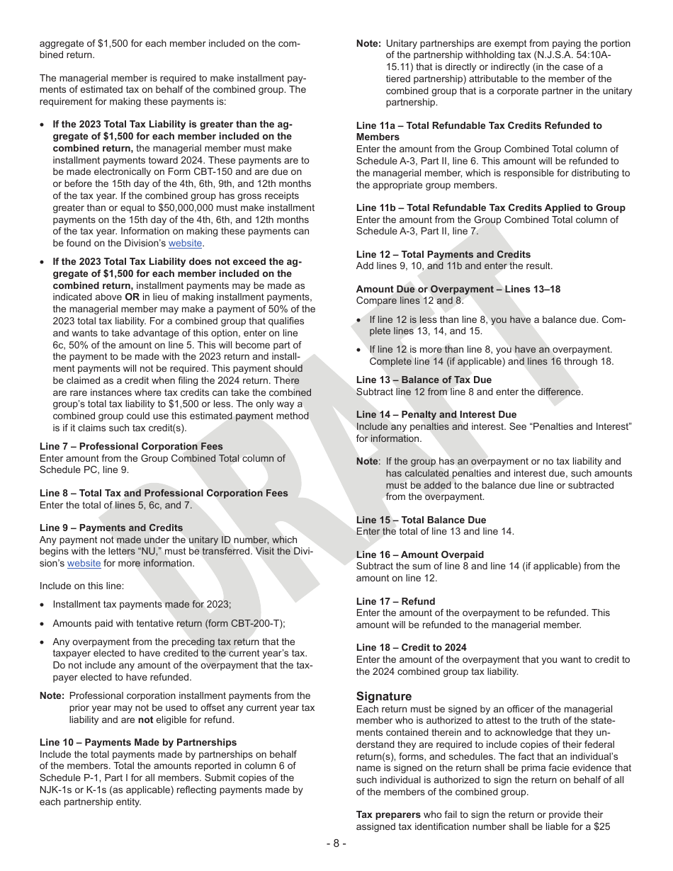 Instructions for Form CBT-100U Corporation Business Tax Unitary Return - Draft - New Jersey, Page 8