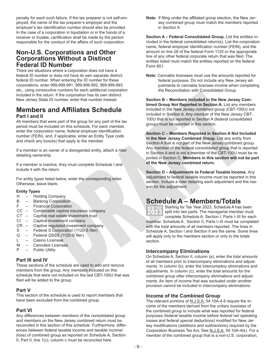 Instructions for Form CBT-100U Corporation Business Tax Unitary Return - Draft - New Jersey, Page 9