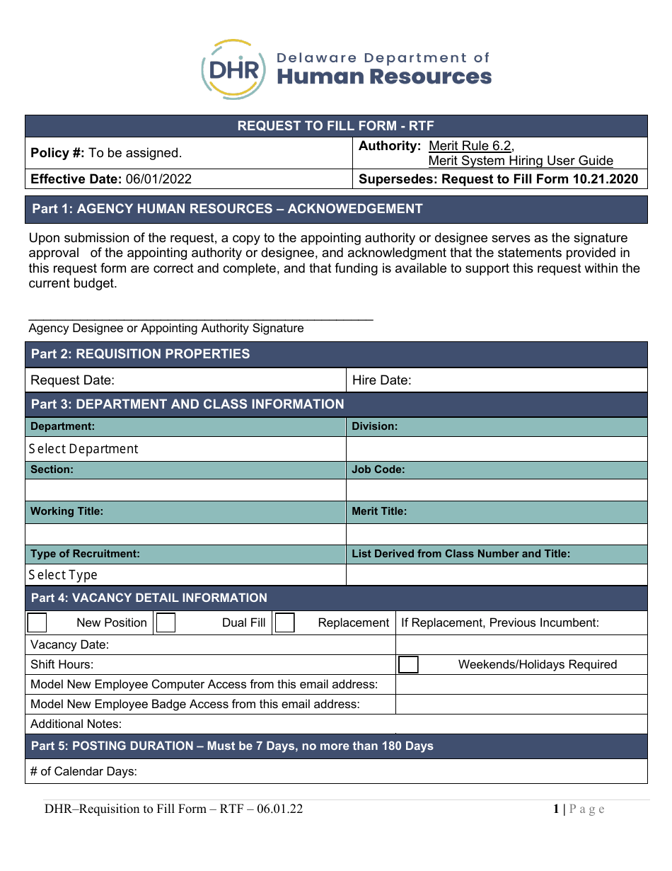 Request to Fill Form - Rtf - Delaware, Page 1