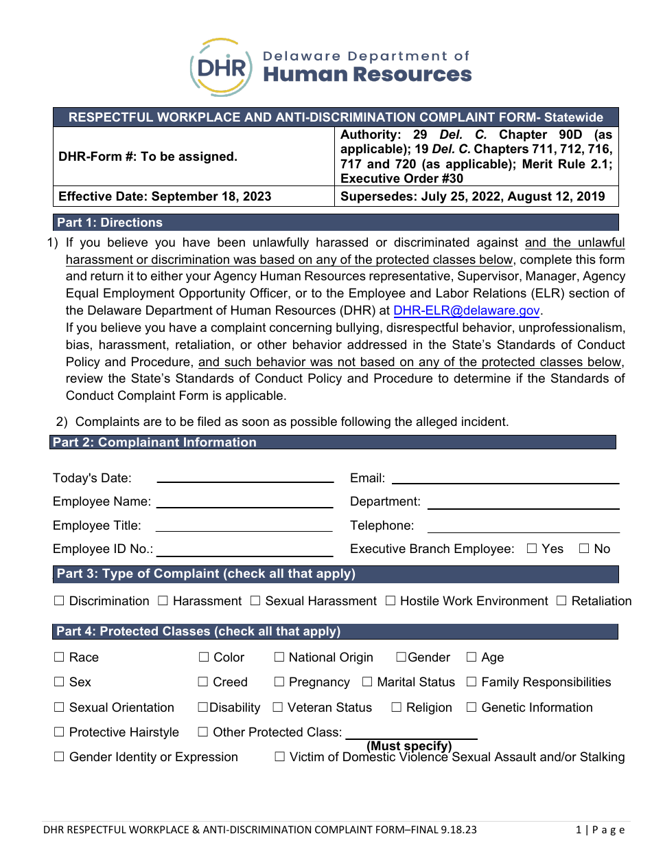 Respectful Workplace and Anti-discrimination Complaint Form - Statewide - Delaware, Page 1