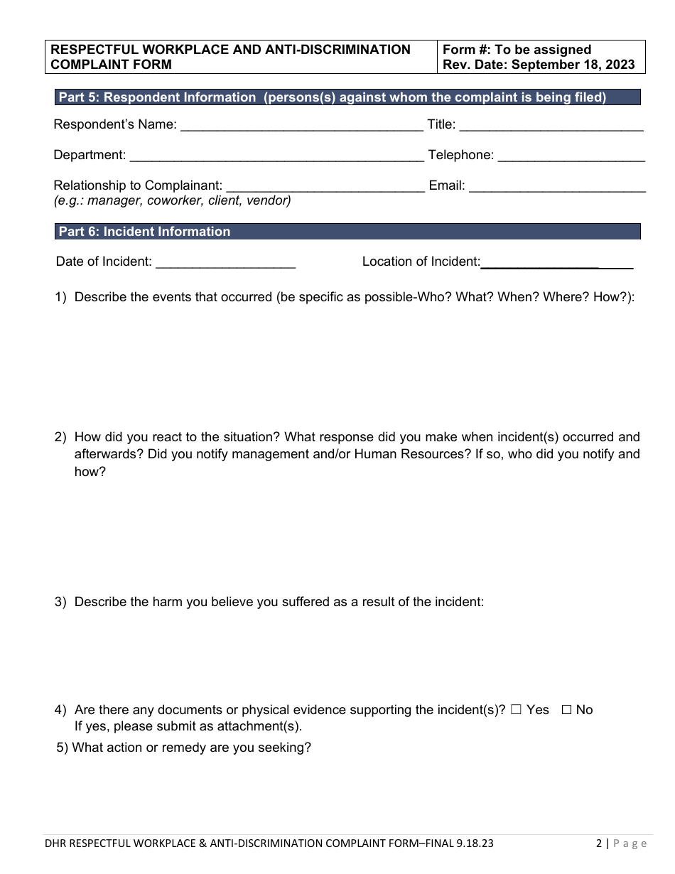 Respectful Workplace and Anti-discrimination Complaint Form - Statewide - Delaware, Page 2