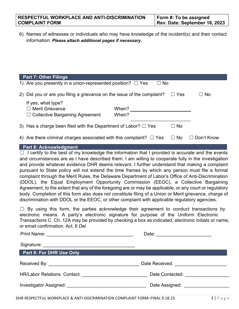 Respectful Workplace and Anti-discrimination Complaint Form - Statewide - Delaware, Page 3