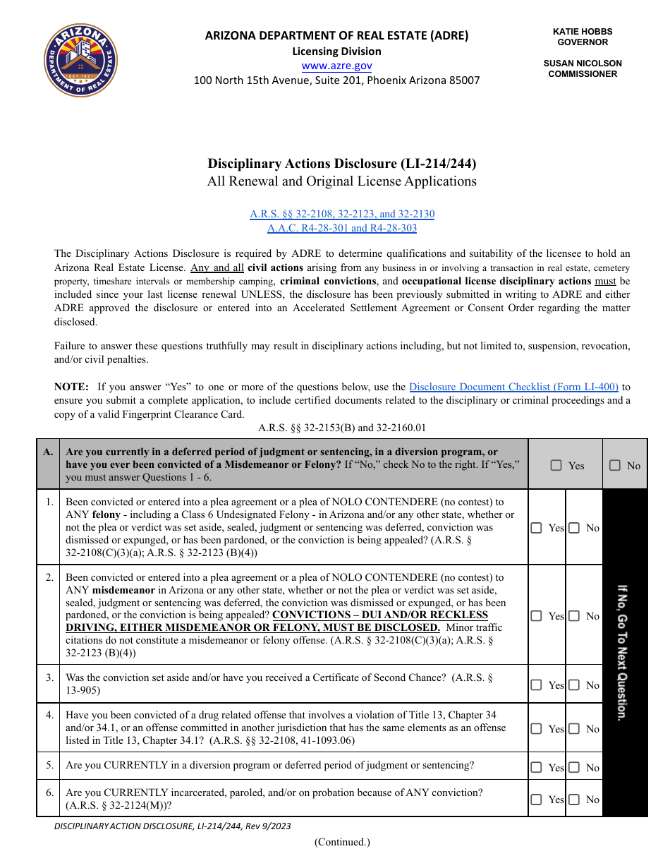 Form LI-214 (LI-244) Disciplinary Actions Disclosure - Arizona, Page 1