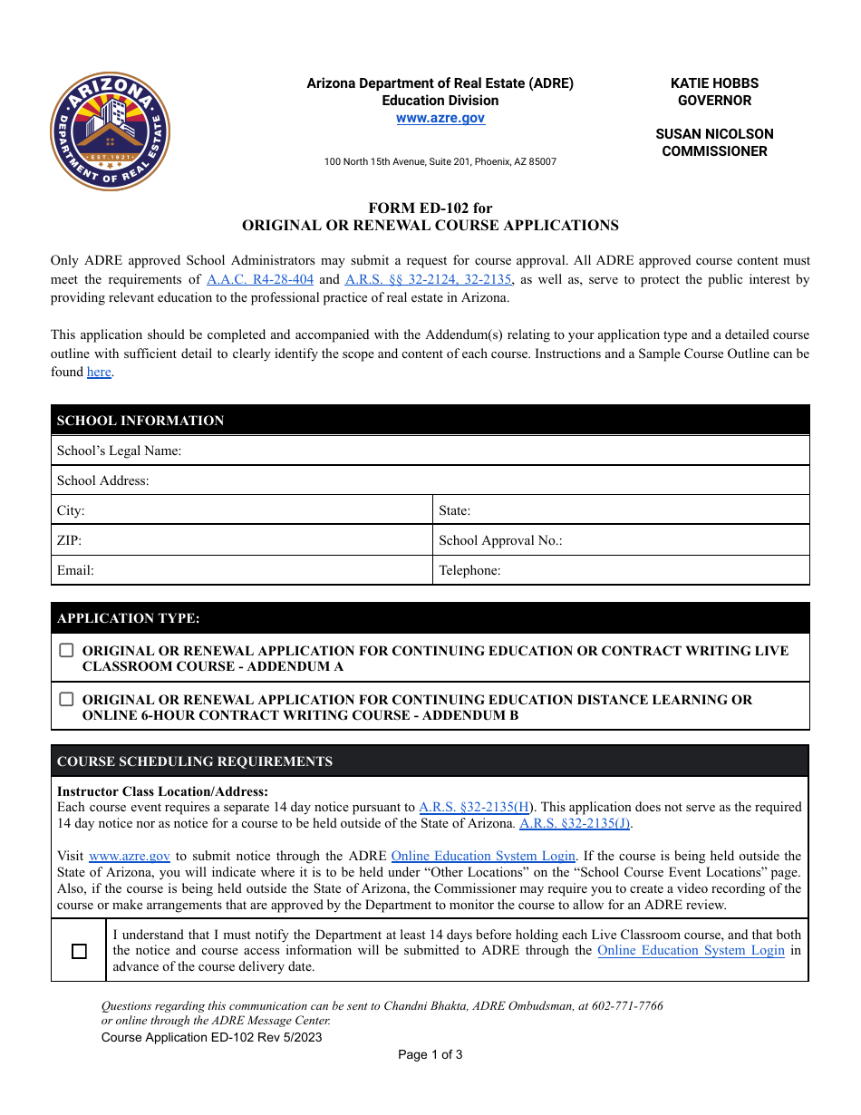 Form ED-102 Original or Renewal Course Applications - Arizona, Page 1