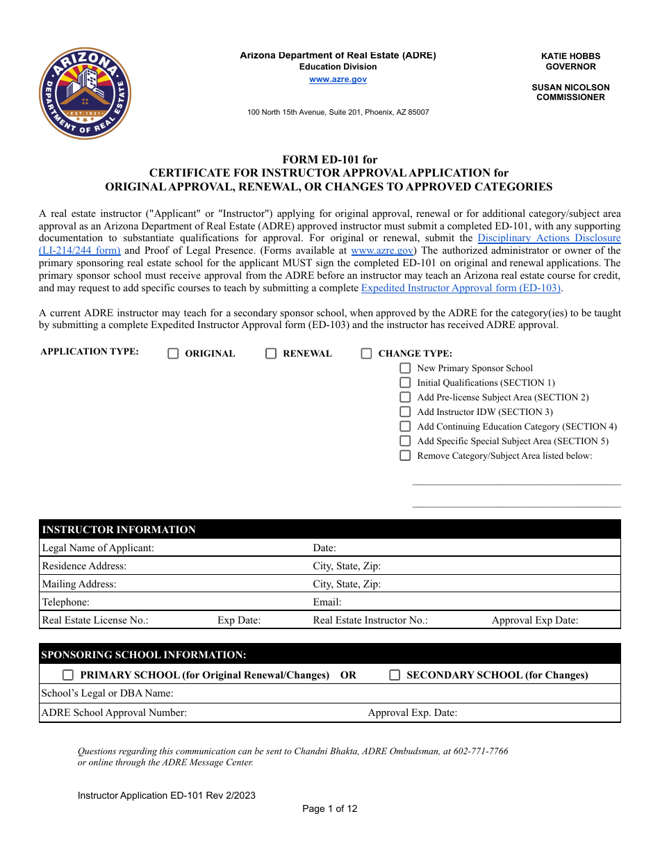 Form ED-101 Certificate for Instructor Approval Application for Original Approval, Renewal, or Changes to Approved Categories - Arizona, Page 1