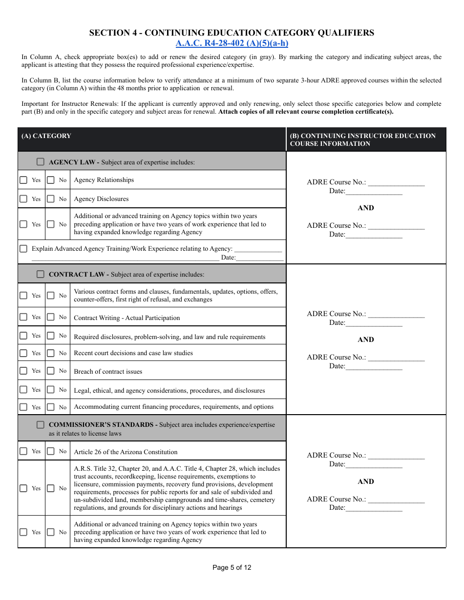 Form ED-101 Certificate for Instructor Approval Application for Original Approval, Renewal, or Changes to Approved Categories - Arizona, Page 5