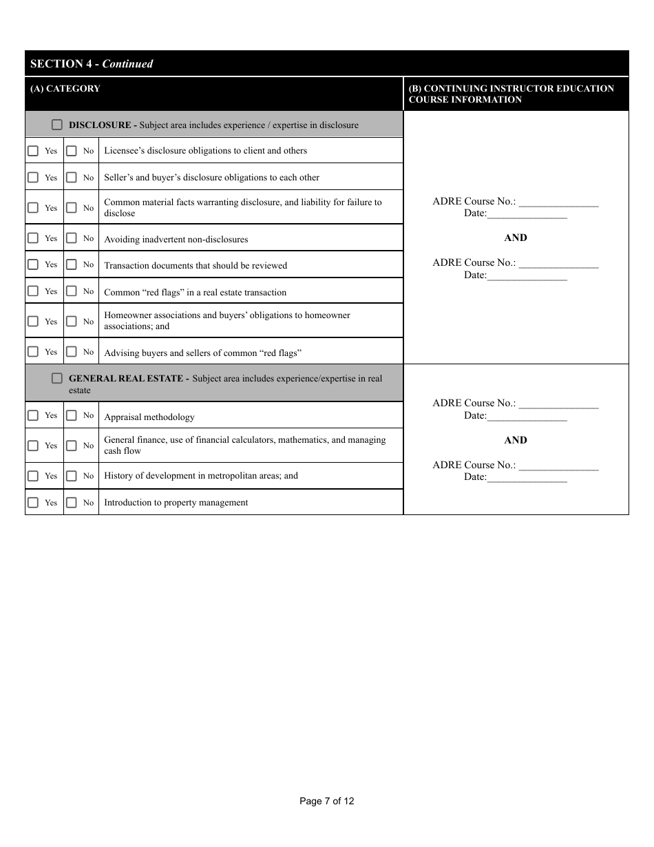 Form ED-101 Certificate for Instructor Approval Application for Original Approval, Renewal, or Changes to Approved Categories - Arizona, Page 7
