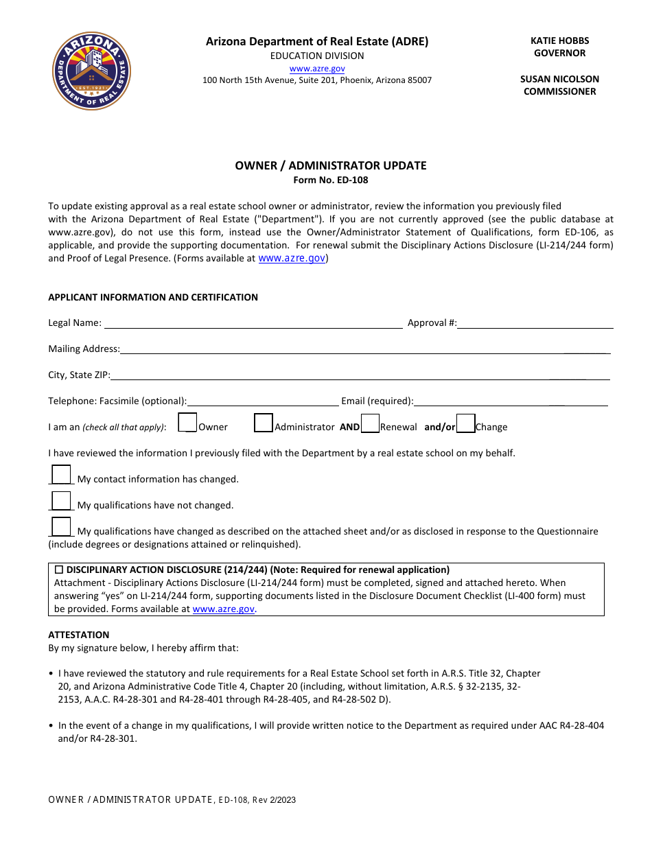 Form ED-108 Owner / Administrator Update - Arizona, Page 1