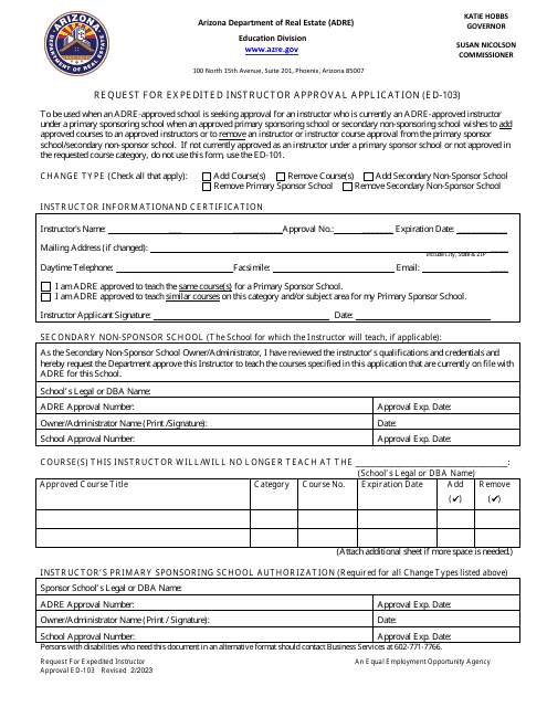 Form ED-103 Request for Expedited Instructor Approval Application - Arizona