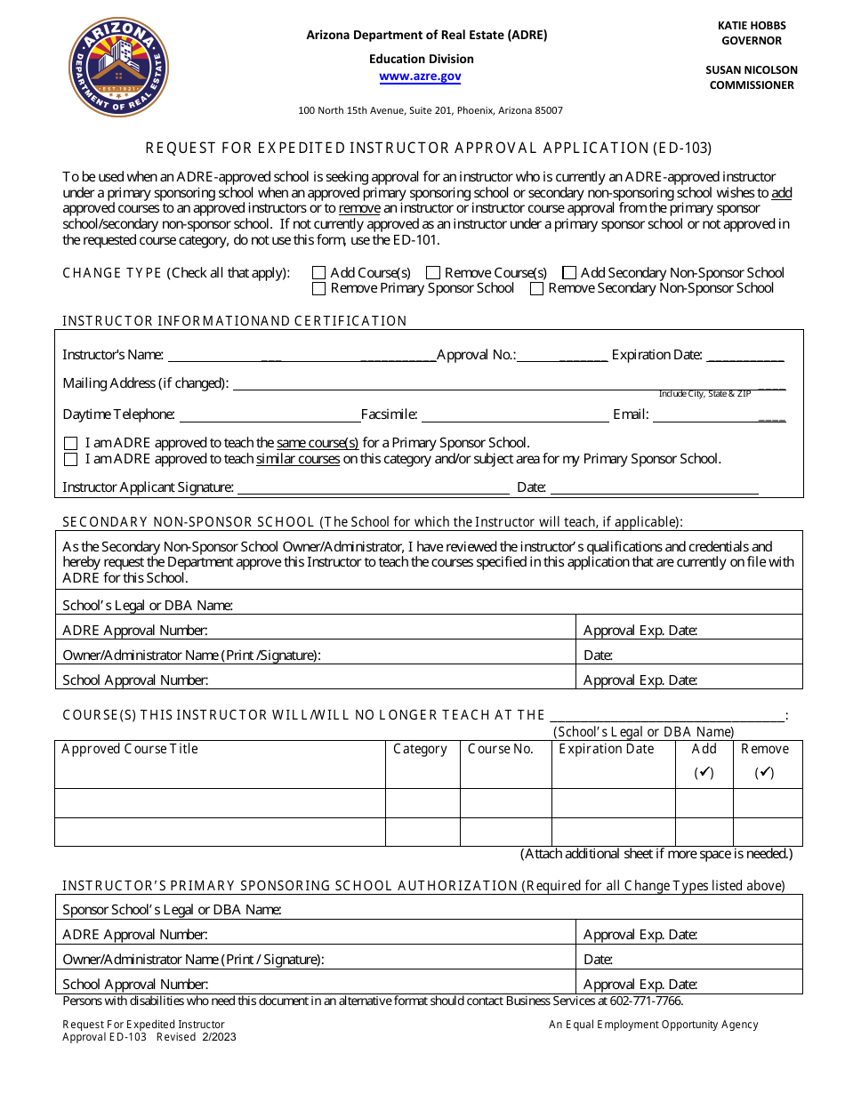 Form ED-103 Request for Expedited Instructor Approval Application - Arizona, Page 1