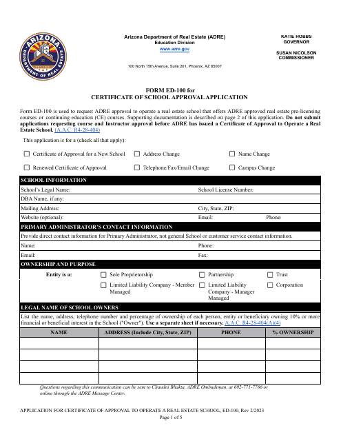 Form ED-100 Certificate of School Approval Application - Arizona