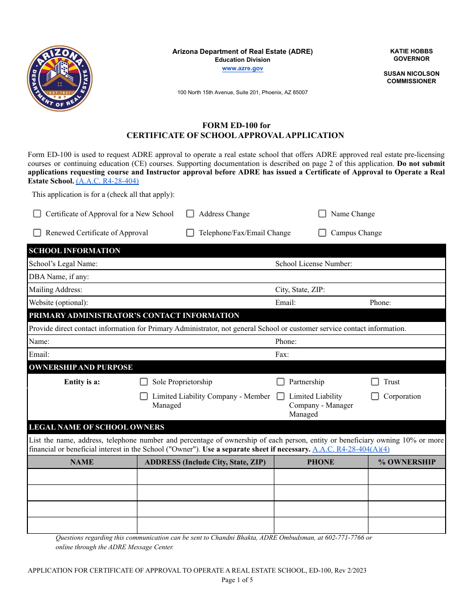 Form ED-100 Certificate of School Approval Application - Arizona, Page 1