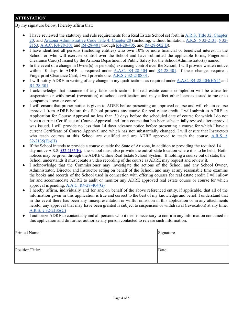Form ED-100 Certificate of School Approval Application - Arizona, Page 4